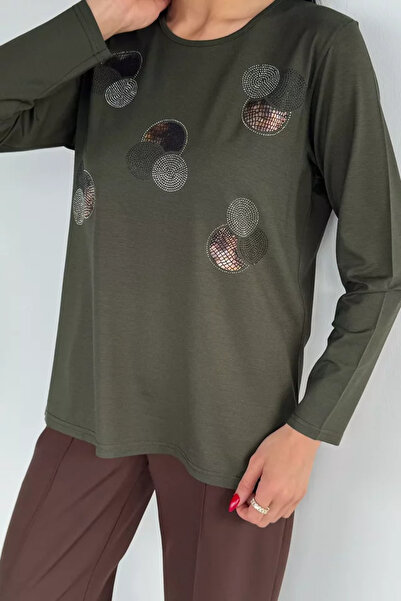TOZLU Crew Neck Stoned Mother Combed Cotton Blouse