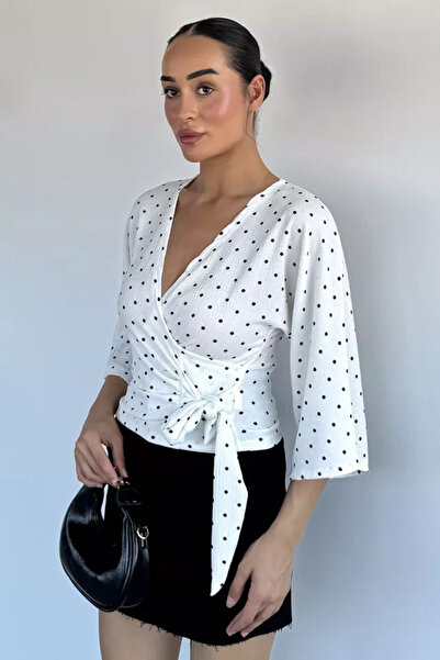 TOZLU Women's Double Breasted Collar Polka Dot Blouse