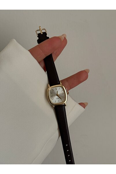 Kadın Gold Kare Kadranlı Siyah Deri Kordon Analog Quartz Vintage Kol Saati