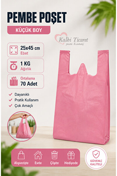 Kalbi Ticaret Kalın Pembe Poşet Küçük Boy 1 Kg 25x45 cm Hışır Atlet Poşet Çöp...