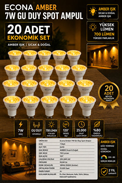 ECONA 20 ADET 7W GU10 Duy LED Spot Ampul 20’li Paket - 700 Lümen Sıcak & Doğa...