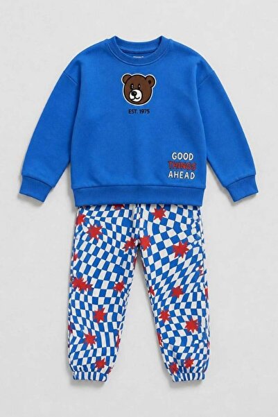 NOBLEKIDS Boy's Teddy Bear Printed Sweatshirt and Checkered Sweatpants Set Blue