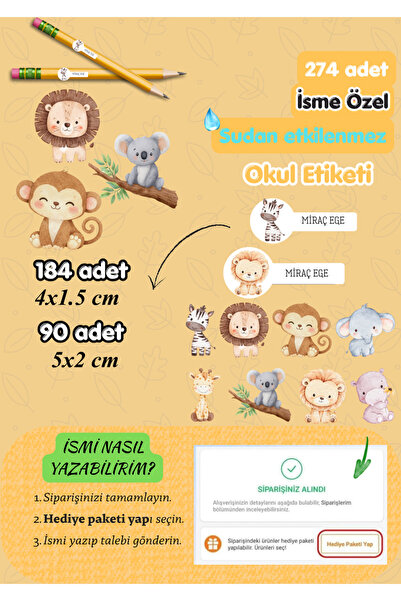 MirayDesign Okul Etiketi 274 Adet Sevimli Hayvanlar Temalı-Kişiye Özel Sudan ...