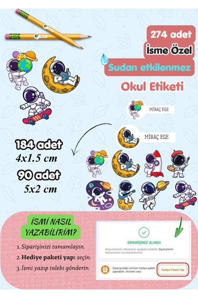 MirayDesign Okul Etiketi 274 Adet Uzay Temalı-Kişiye Özel Sudan Etkilenmez Yı...