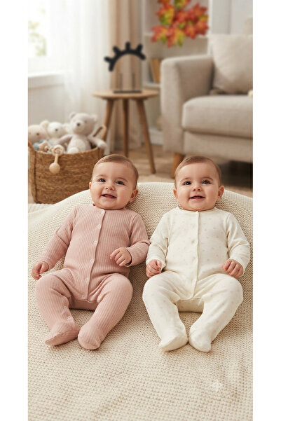 CemBebe Heart Patterned Double Romper Set for Baby Girls Soft Cotton Fabric