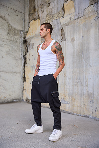 Superbluemexico Men's Loose Shalwar Trousers with Zipper Pocket Detail