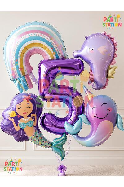 Parti Station Deniz Kızı Temalı Balon Seti 5 Yaş - 5 Parça Ekstra Büyük Boy R...