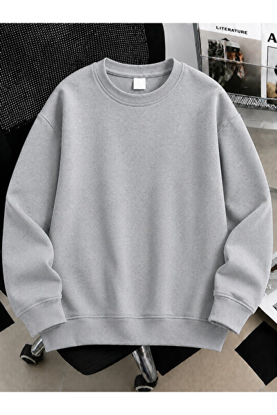 Revasser Unisex Kadın/Erkek Düz Renkli Baskısız Oversize Bisiklet Yaka Pamukl...