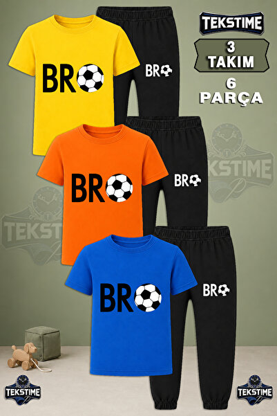 3Lü Unisex Çocuk Tişort-Eşofman Bro Top Siyah Baskılı Bisiklet Yaka Mevsimlik Takım