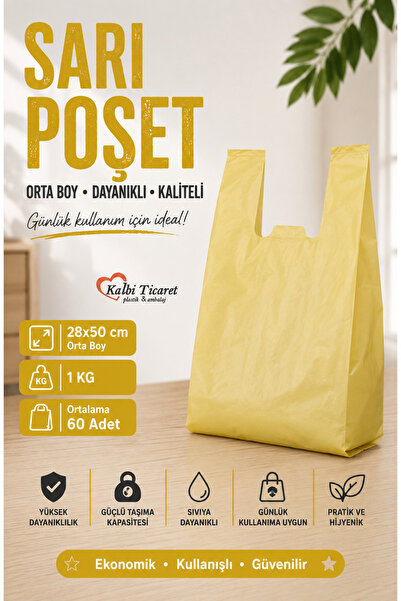 Kalbi Ticaret Kalın Sarı Poşet Orta Boy 28x50 cm 1 Kg Çöp Poşeti Market Manav...