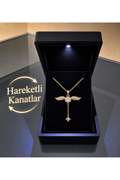shop IŞIKLI KUTUDA ALTIN RENK OYNAR KANATLI MELEK FİGÜRLÜ ÇELİK KOLYE