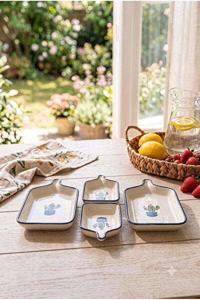 Homerest Kahvaltılık Sunum Tabağı 4'lü Kaktüs Desenli Seramik Krem Lacivert S...