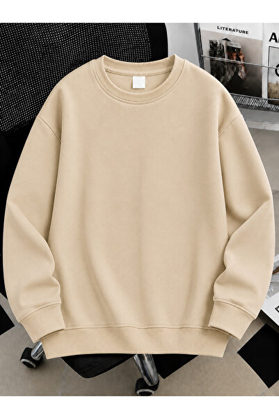 Revasser Unisex Kadın/Erkek Düz Renkli Baskısız Oversize Bisiklet Yaka Pamukl...