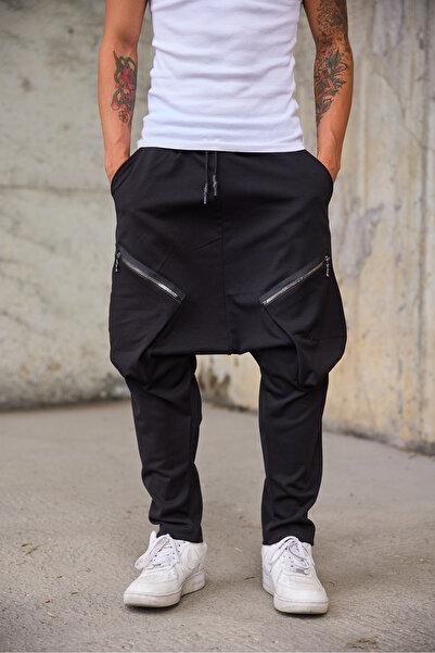 Superbluemexico Men's Loose Shalwar Trousers with Zipper Pocket Detail