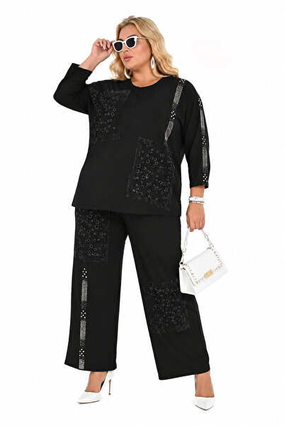 DARKWIN Plus Size Oversized Women's Two-Piece Set with Stone and Lace Detaili...