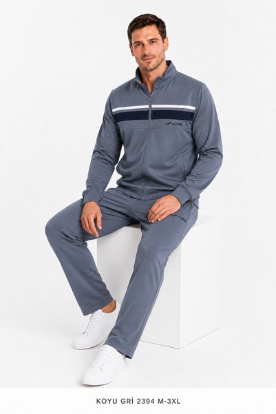 FORE SPORT Set de trening pentru bărbați, cu guler înalt, cu fermoar și dungi, din raschel 2394