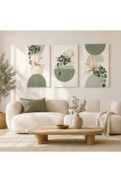 reklamcın Symeryus Art Modern Yeşil Botanik Yaprak Desenli 3’lü Çerçevesiz De...