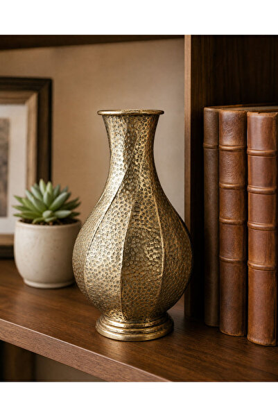 Theraphy Home Eskitme Gold Dokulu Kabartmalı Metal Dekoratif Vazo 51cm