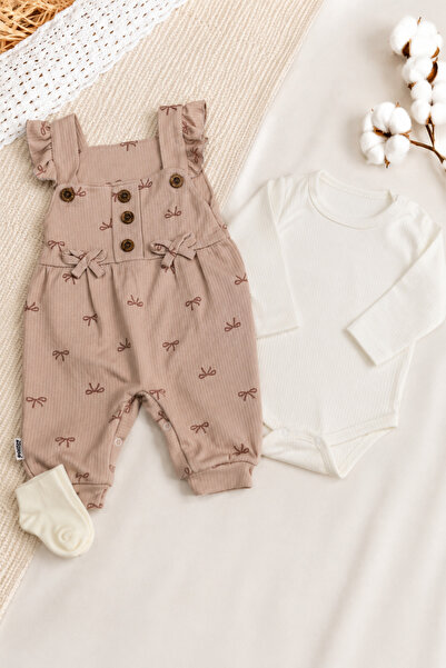 İZYALİF BABY Baby Girl Bow Patterned Twill Fabric 3 Piece Jumpsuit Salopet Se...