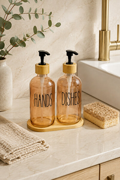 KLARHAUS Relly Double Glass Soap Dispenser Set with Bamboo Stand – 2 X 500 ml...