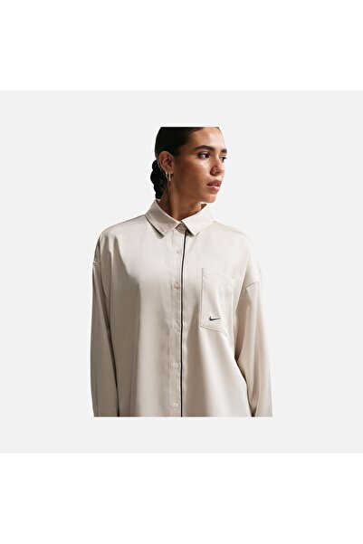 Nike Kadın Bej Sportswear Oversize Saten Uzun Kollu Gömlek Üst | IM0575-072
