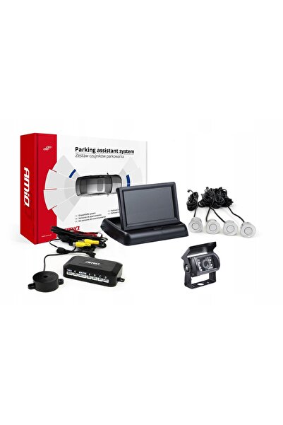 AMIO TFT01 Kit de senzori de parcare de 4.3 inch cu cameră IR, 4 senzori, Neg...