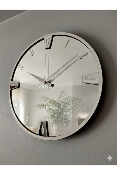 Ronson Aynalı Duvar Saati 40x40 cm Beyaz MDF Çerçeveli - Modern Gümüş Aynalı ...