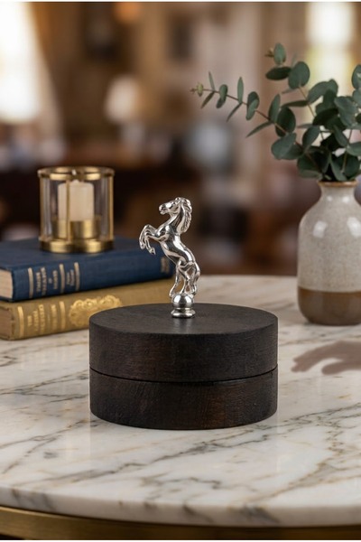 GİSVOL Decorative Ashtray with Wooden Cover and Metal Silver-Colored Inner Chamber, Tabletop Ashtray, Dark Silver Horse Figure