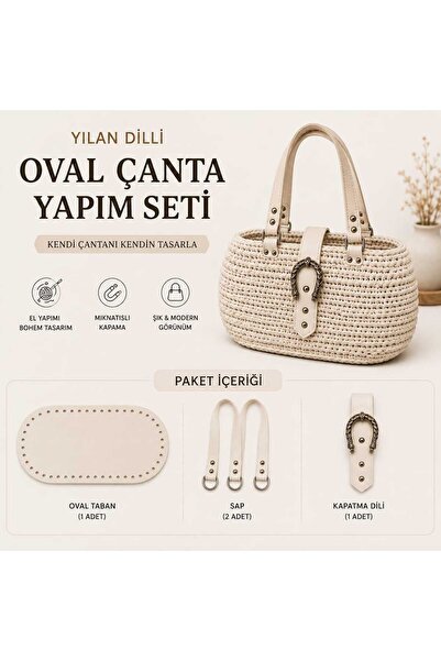 aurellen Oval Çanta Yapım Seti – 25x12 cm Taban, 2 Adet Dikmeli Sap ve Yılan ...