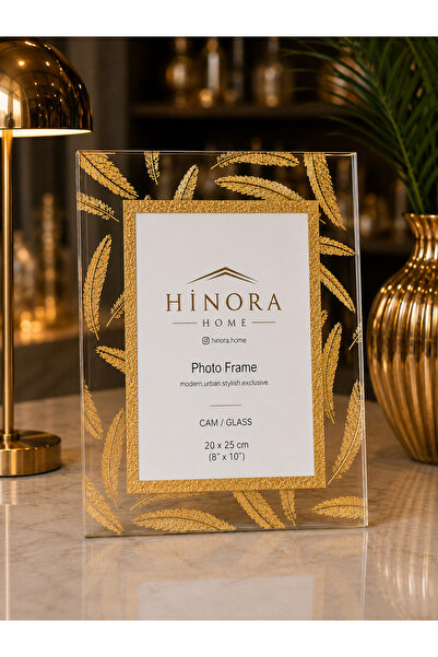 Hinora Gold Feather Motif Transparent Glass Desktop Photo Frame 20X25Cm