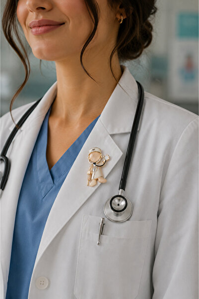 Veliza Pirinç Gold Renk Beyaz Mineli Doktor Broş