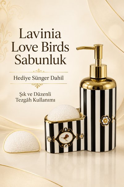 KLARHAUS Bird Motif Gold Detailed Striped Porcelain Liquid Soap Dispenser + Dish Sponge + Sponge Holder Set – 500 ml – 20 X 15 X 7 cm