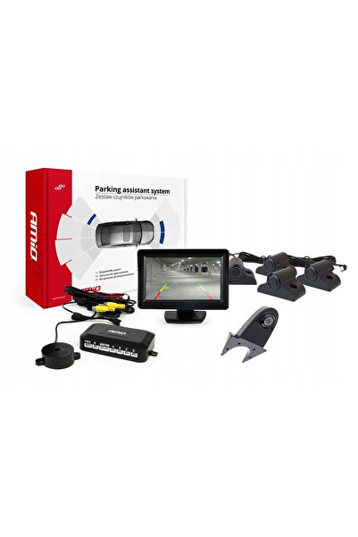 AMIO TFT01 Kit de senzori de parcare de 4.3 inch cu cameră IR, 4 senzori, Neg...