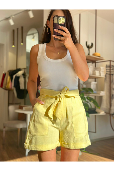 Unique Boutique Yellow Linen High Waist Shorts