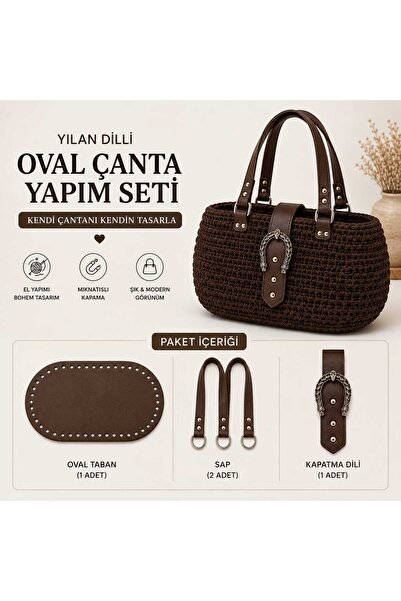 aurellen Oval Çanta Yapım Seti – 25x12 cm Taban, 2 Adet Dikmeli Sap ve Yılan ...