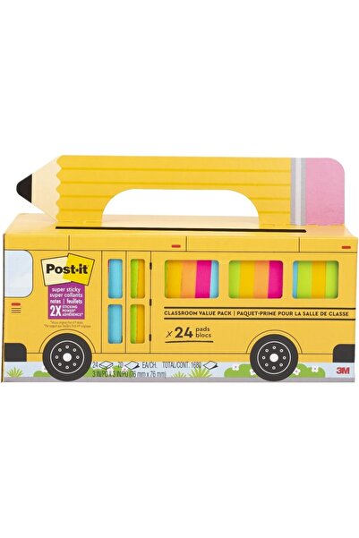 Post-it Süper Yapışkan Notlar Değer Paketi, 24 Ped, Kullanışlı Okul Otobüsü T...