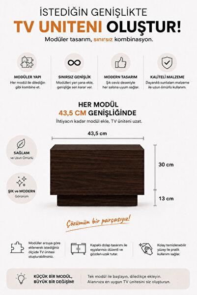 webotto 8 Alpiz Genişletilebilir Modüler Tv Ünitesi Koyu Ceviz Modern Kapaklı...
