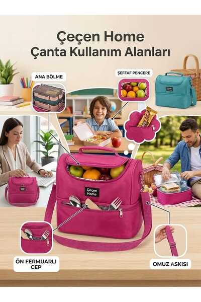 ÇEÇEN HOME Isı Yalıtımlı Termal Beslenme Çantası Turkuaz Mavi Çift Bölmeli Om...