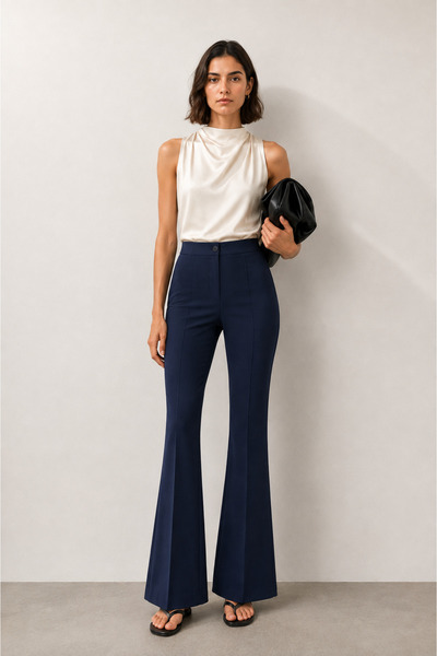 Ruby Wear Kadın Yüksek Bel Krep Kumaş Slim Fit İspanyol Paça Pantolon