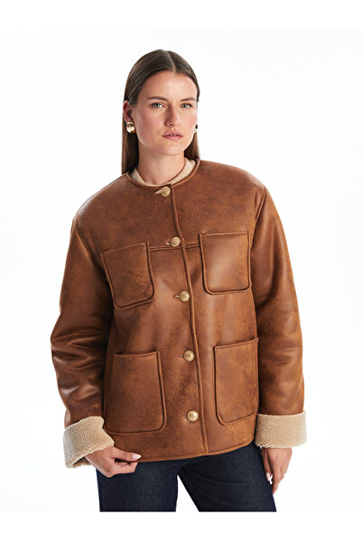 LC Waikiki Crew Neck Women's Suede Look Biker Coat