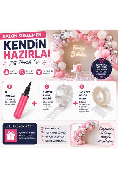 Genel Markalar 3’lü Balon Süsleme Seti – El Pompası + 5 Metre Balon Zinciri +...