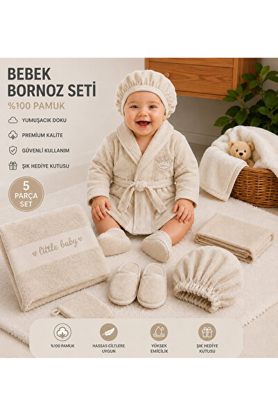 Movamirbaby 5 Parça Yenidoğan Bebek-Çocuk Bornoz Seti %100 Pamuk Premium Doğu...