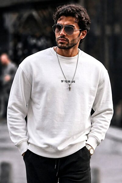 DAMGA JEANS Men's Cotton Printed Regular Fit White Sweatshirt