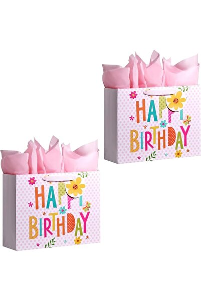 GENERAL Black Large Happy Birthday Gift Bags Set with Tissue Paper, Greeting ...