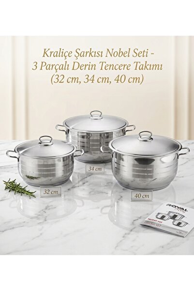 KAPLANBABA Royal 6 Piece Steel Cookware Set 32 34 40 cm – 3 Pots + 3 Lids, La...