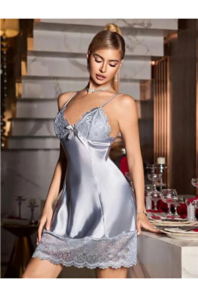 SS HOME CONCEPT Mink Lace Detailed Thin Strap Satin Short Nightgown