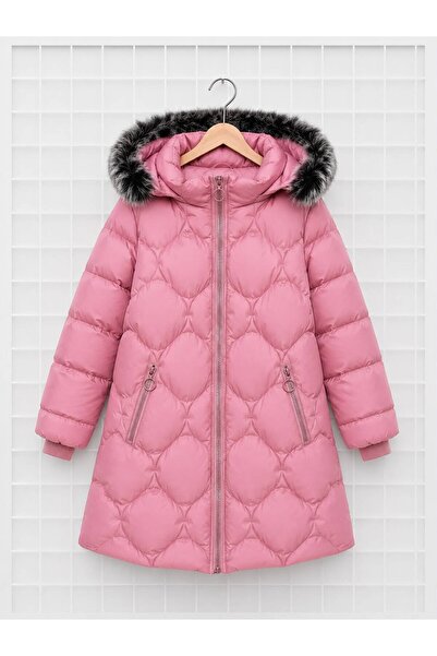 REGOS Kız Çocuk Pembe Çıkarılabilir Kapüşonlu Kürklü Uzun Şişme Kışlık Mont