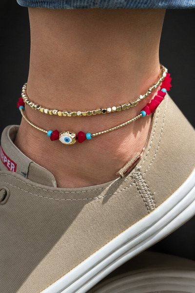 ByMerve Women's Anti-Tarnish Gold Evil Eye Beaded Anklet Set of 2 Red Crystal...