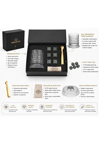 PERLOTUS 360 °   Rotating Whiskey Glass Gift Set with 6 Granite Whiskey Stones, Gold Steel Tongs, Premium Pouch