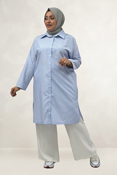 Eslina 68079 Plus Size Buttoned Low Sleeve Tunic Shirt - Striped Blue